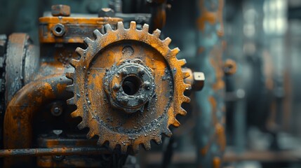 Close-up of a rusty gear in an industrial setting, highlighting the intricate details and textures of the worn machinery.