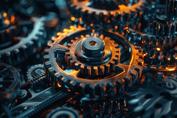 Close-up of interlocking gears in a mechanical assembly, showcasing intricate details and metallic textures with warm lighting highlights.