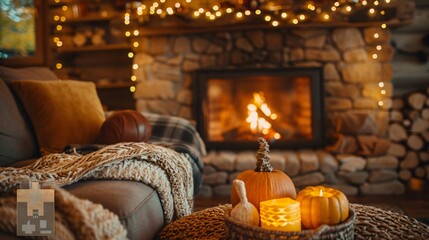 Cozy Autumn Fireplace Scene with Pumpkins