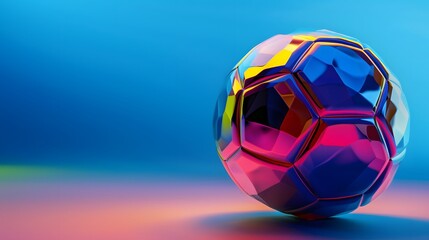 Naklejka premium Abstract glowing neon colored soccer ball over blue background. 