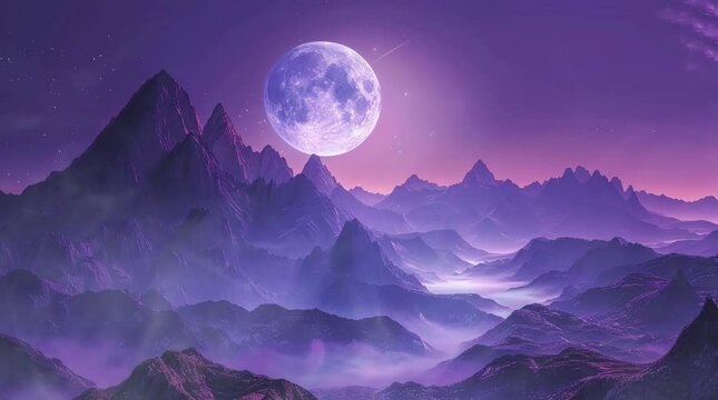 Full moon and starry sky by mountains on a fantasy night, featuring a majestic celestial display, mystical landscape, and serene nig Seamless looping 4k time-lapse virtual video animation Generated AI