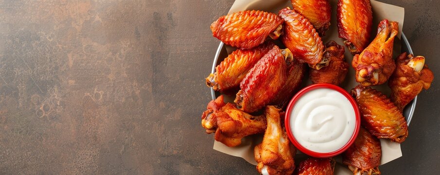 A basket of crispy chicken wings with dipping sauce on the side, on a solid brown background