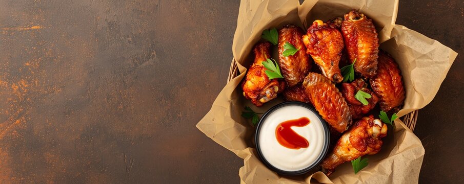 A basket of crispy chicken wings with dipping sauce on the side, on a solid brown background - Powered by Adobe