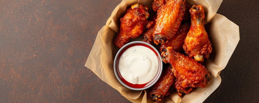 A basket of crispy chicken wings with dipping sauce on the side, on a solid brown background