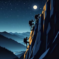 Sillhouette of three people climbing a cliff, landscape with hill