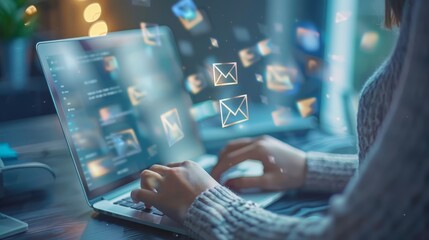 Businesswoman using laptop with email icons, representing modern communication, online messaging, and data transfer in a digital world.