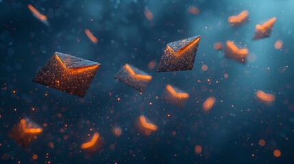 Abstract image of floating envelopes with glowing orange sides against a dark, blurred background, representing digital communication.