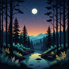 Night landscape with moon, mountain, and trees
