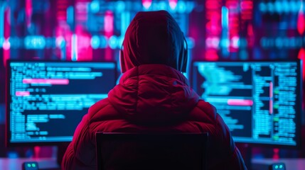 Cyberpunk Cityscape NeonDrenched Digital Collage Featuring a Hacker at Computer Terminal