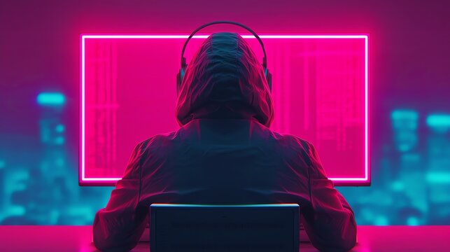 Cyberpunk Cityscape NeonDrenched Digital Collage Featuring a Hacker at Computer Terminal
