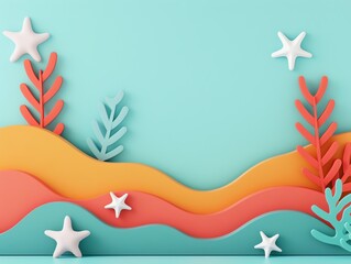 Sea corals and stars inspired stacked shapes in a 3d surrealist rounded shapes geometric style, vibrant colors