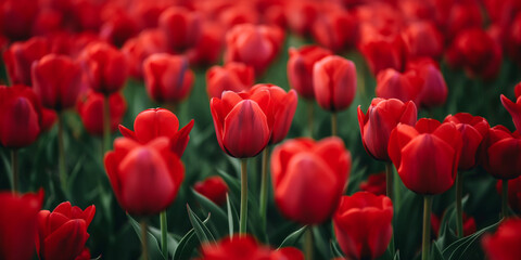 Lively fresh tulip fields, vivid green foliage and bright red tulip flowers.