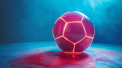 Fototapeta premium Abstract glowing neon colored soccer ball over blue background. 