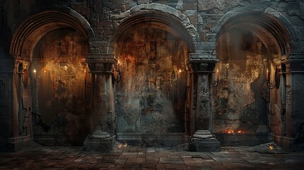Ancient classic architecture with arches, wall from stone bricks and burning torches