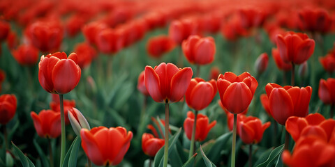 Obraz premium Lively fresh tulip fields, vivid green foliage and bright red tulip flowers.