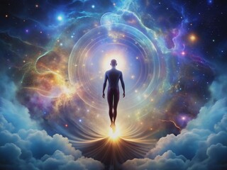 Ethereal silhouette of the human mind in levitation, radiating illumination, surrounded by swirling clouds of thought, amidst a realm of deep space, astral, and mental balance.