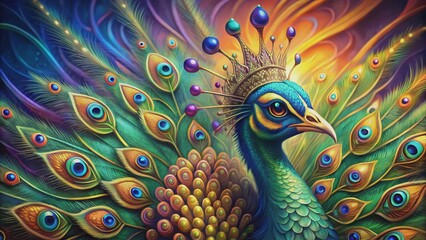 Obraz premium A vibrant cartoon peacock adorned with a regal crown proudly showcases its stunning, iridescent plumage in a majestic display of colorful, shimmering feathers.