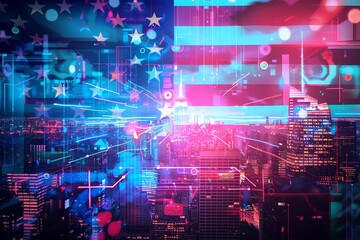 Fototapeta premium Abstract digital art of the American flag with a cityscape background.