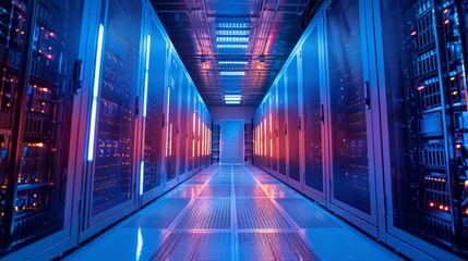 Fototapeta premium Modern data center with glowing lights and server racks, showcasing advanced computer technology and infrastructure for digital storage.