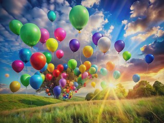 Vibrant balloons in every color of the rainbow drift lazily through a whimsical, soft-focus landscape, evoking a sense of carefree joy and wonder in a serene atmosphere.