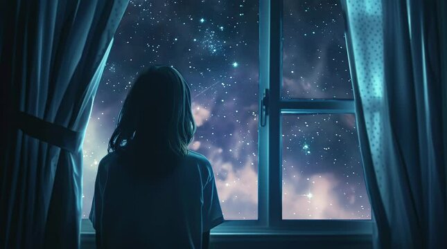 Girl gazing at the starry sky from a bedroom window, capturing a moment of wonder and tranquility as she observes the celestial beau Seamless looping 4k time-lapse virtual video animation Generated AI
