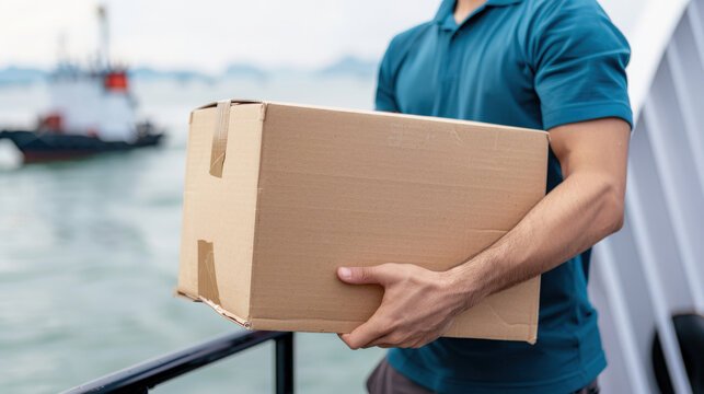 Delivery worker holding a cardboard box near a docked ship, symbolizing shipping and logistics services at a harbor.