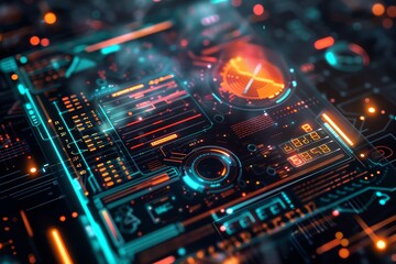 Abstract futuristic digital interface with glowing neon elements.