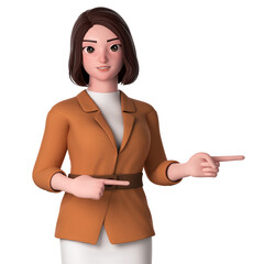 Fototapeta premium 3D Character render. portrait, half body of young woman with formal dressed, pointing to right side using both hands