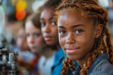 Young Girl With Braids Looks Confidently at the Camera During Class