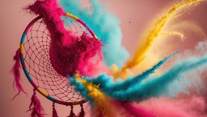 Obraz premium depicting an ephemeral moment of kaleidoscopic beauty, as a burst of colored powder erupts against a soft