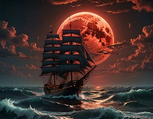 a sailboat in the night sky with a red moon