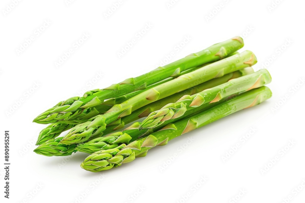 Poster a bunch of fresh green asparagus arranged on a white surface, ideal for use in food photography or a