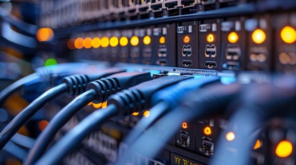 Naklejka premium Color-coded network cables organized in a modern data center with ambient lighting.