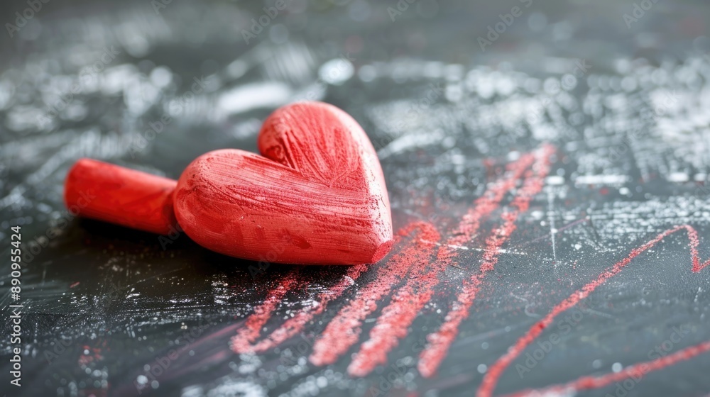 Poster a single red heart drawn with chalk on a black surface