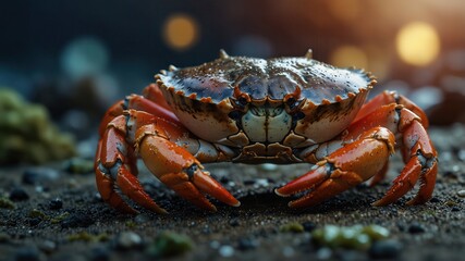 close-up of a Dungeness Crab, cinematic, deep sea background