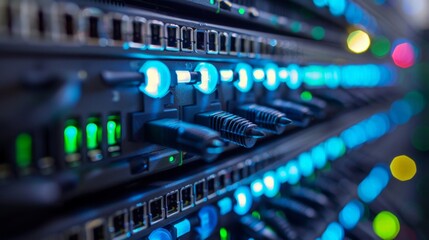 A network switch in a data center with numerous connected LAN cables and illuminated indicators.
