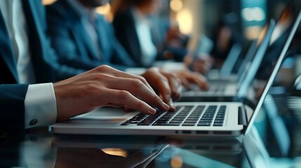 A close-up image of business professionals working on their laptops, showcasing a modern, tech-driven work environment.