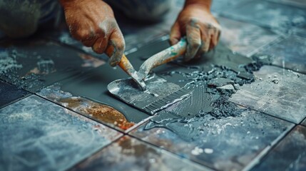 A detailed shot of a worker using a trowel to spread adhesive evenly before laying new tiles