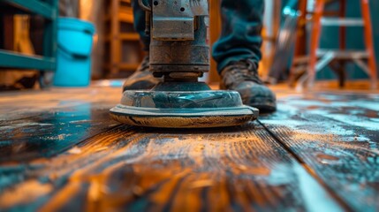 A detailed shot of a worker using a floor sander to refinish a hardwood floor, ensuring a smooth and even finish