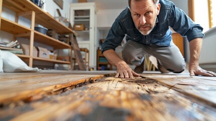 A homeowner inspecting the results of a repaired squeaky floor, noting the improved stability and quiet