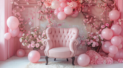Pink backdrop with pink balloons, arrangements. Photo-wall decoration for breast cancer awareness, celebrate, anniversary, wedding, birthday, valentine. Beautiful decorative celebration concept