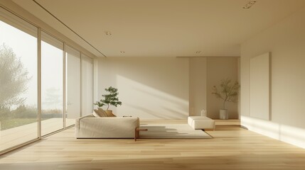 A photo of a minimalist living room with a light-colored wood floor that creates a sense of openness and space
