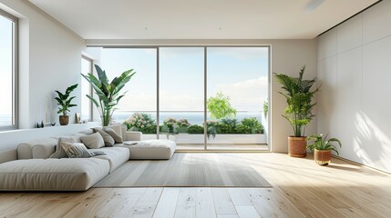 A photo of a minimalist living room with a light-colored wood floor that creates a sense of openness and space