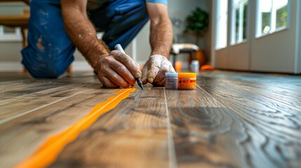 Close-up of hands using a color-matched markers and fill sticks to touch up minor floor scratches