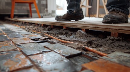 Detailed image of a radiant heating system being repaired under a tile floor, with tiles carefully removed