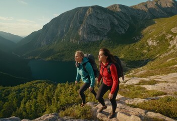 Fototapeta premium Two hikers on a mountain top with a beautiful view in front of them.