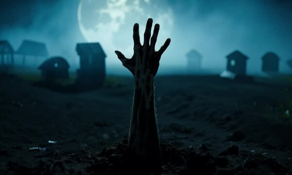 A hand is sticking up in the air in front of a cemetery. The cemetery is surrounded by a dark sky and the moon is visible in the background. Scene is eerie and spooky 4K Video