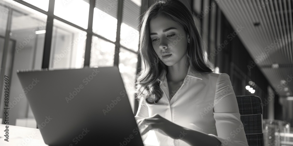 Poster a woman sits in front of a laptop computer, working or browsing