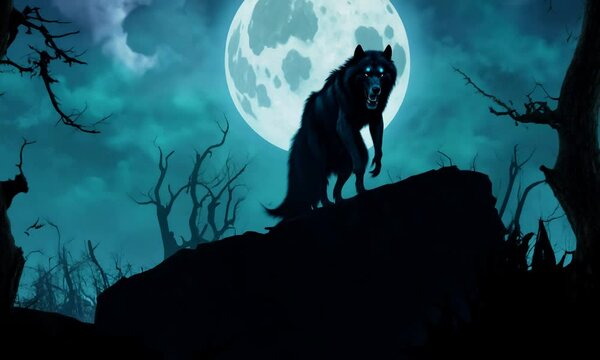 A scary image of a wolf standing on a rock in front of a full moon. Scene is dark and eerie, with the moon casting an ominous glow on the scene. Video