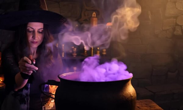 A woman in a witch costume is standing in front of a cauldron filled with smoke. The scene has a mysterious and eerie mood, as the woman is casting a spell or performing 4K Video